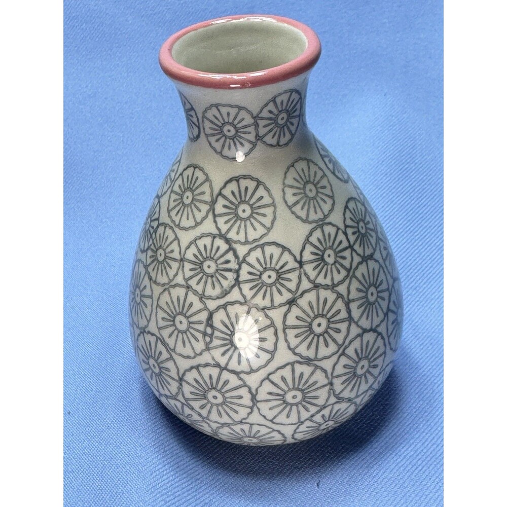 Bloomingville Mini Ceramic Vase 5” x 3”. Off White Bud vase W/Blue Flowers